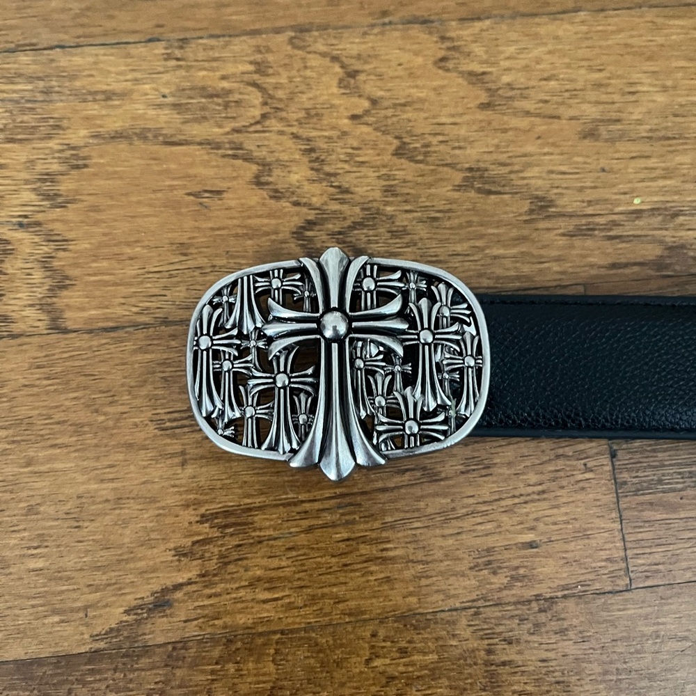 Chrome Hearts Black Leather Belt with Silver Cross Buckle